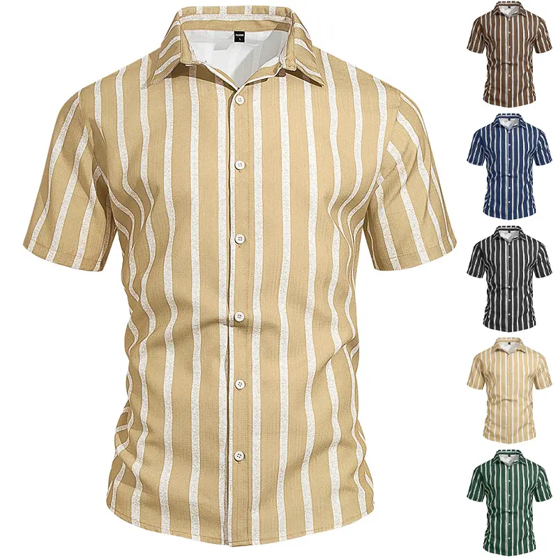 Men's Plus-Size Light Mature Lapel Striped Short-Sleeve