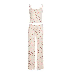Home Wear Casual Suit Strawberry Print Contrast Color Sling Top - White - View 1