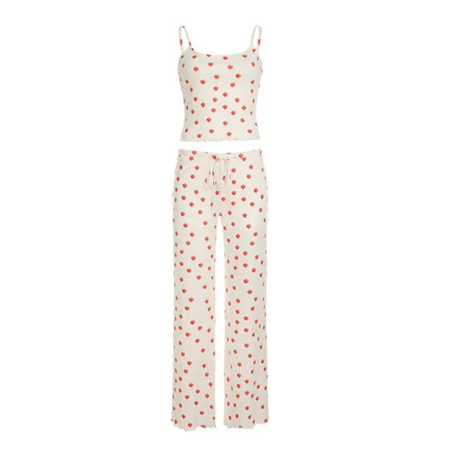 Home Wear Casual Suit Strawberry Print Contrast Color Sling Top White - Shop at LoveMi