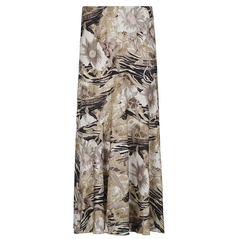 High Waist Slimming A- Line Large Hem Long Skirt For Women - Khaki