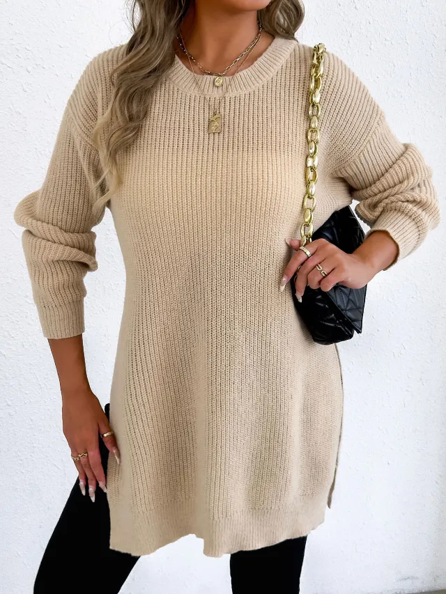 Crew neck Pullover Slit Design Machine knit Casual Sweater Apricot - Shop at LoveMi