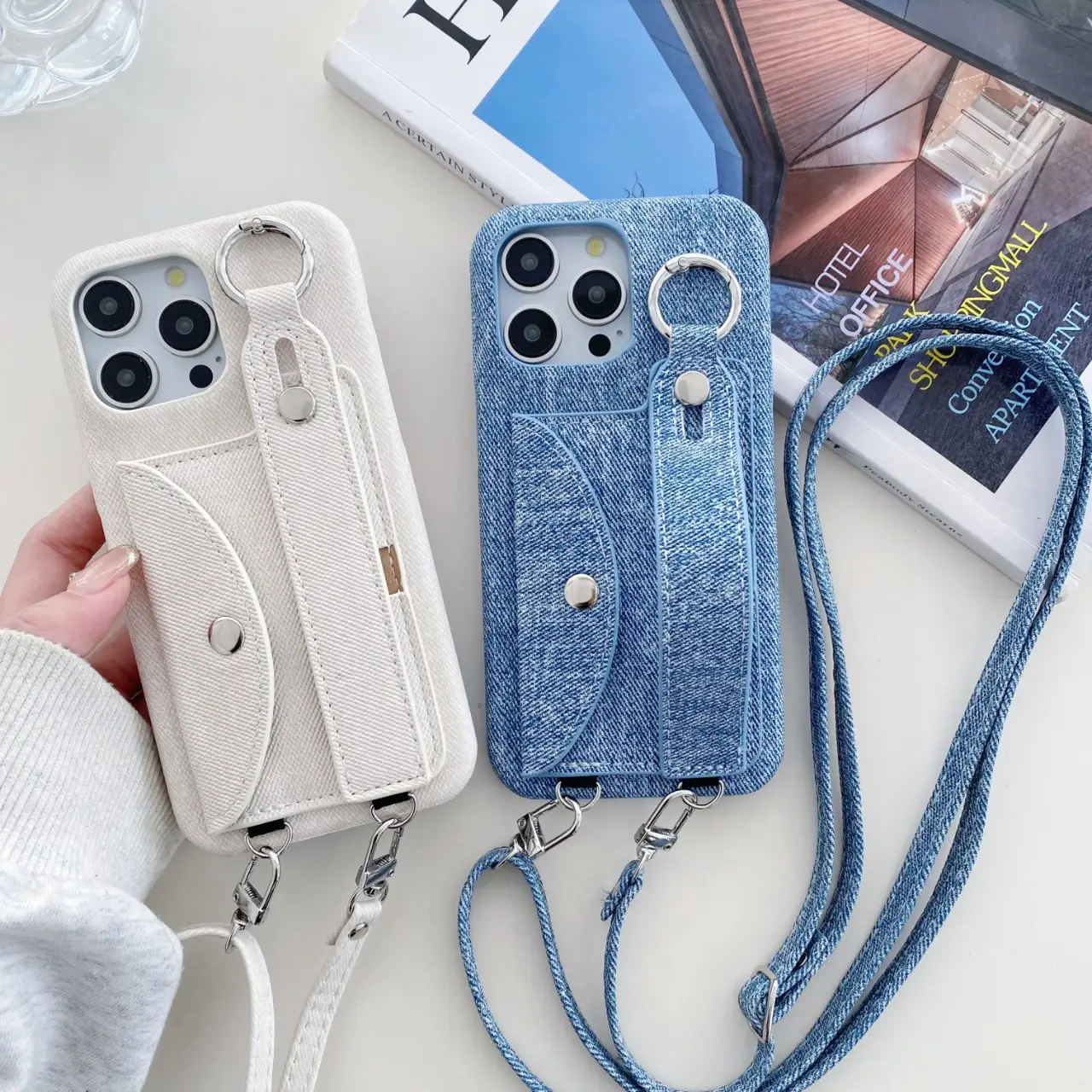 Leather Phone Case Iphone15 Denim Pattern Wrist Strap