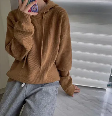 Casual And Versatile Women's Cashmere Hooded Knit Sweater Brown - Shop at LoveMi