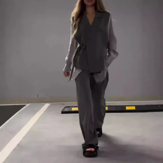 Women's Chiffon Patchwork Top Straight leg Pants Suit Gray - Shop at LoveMi