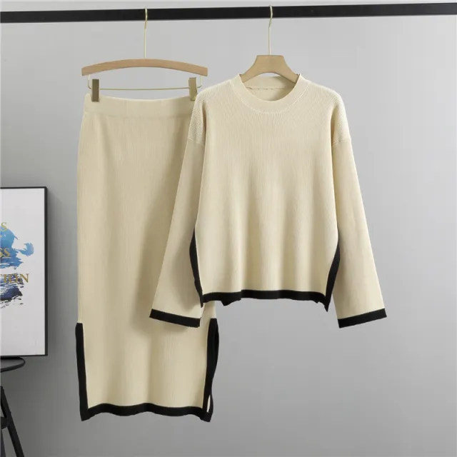 Color Block Crew Neck Top And Slit Skirt Chic Knit Set Apricot - Shop at LoveMi