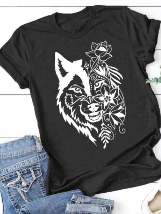 Women's Wolf Head Printed Short sleeved Top Black - Shop at LoveMi
