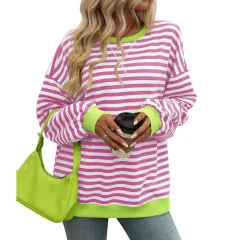 Women's Colourful Striped Round Neck Loose Sweatshirt - Pink - View 1