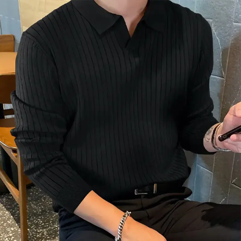 New Men's Lapel Knitted Long-sleeved T-shirt