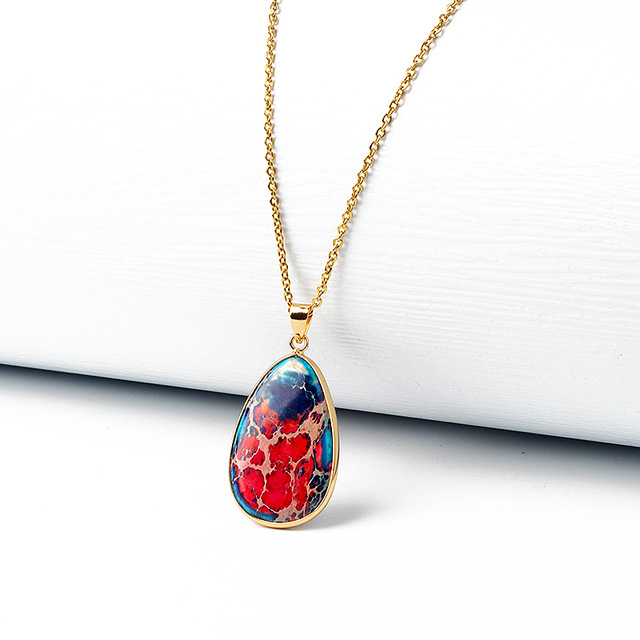 Oval Natural Emperor Stone Edging Pendant Stainless Steel 18K Gold Necklace
