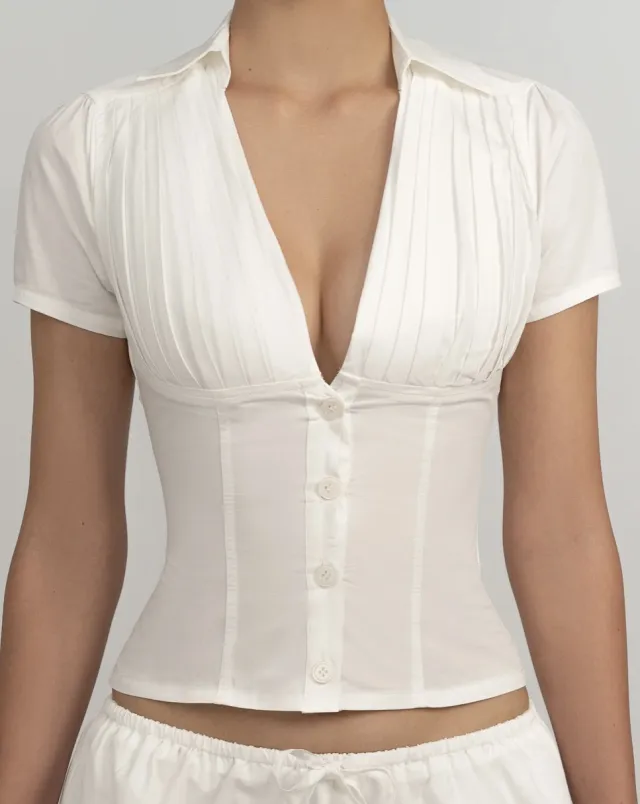 Women's Solid Color Casual Top Waist Trimming Shirt Women's High Waist A Line Skirt White Top - Shop at LoveMi
