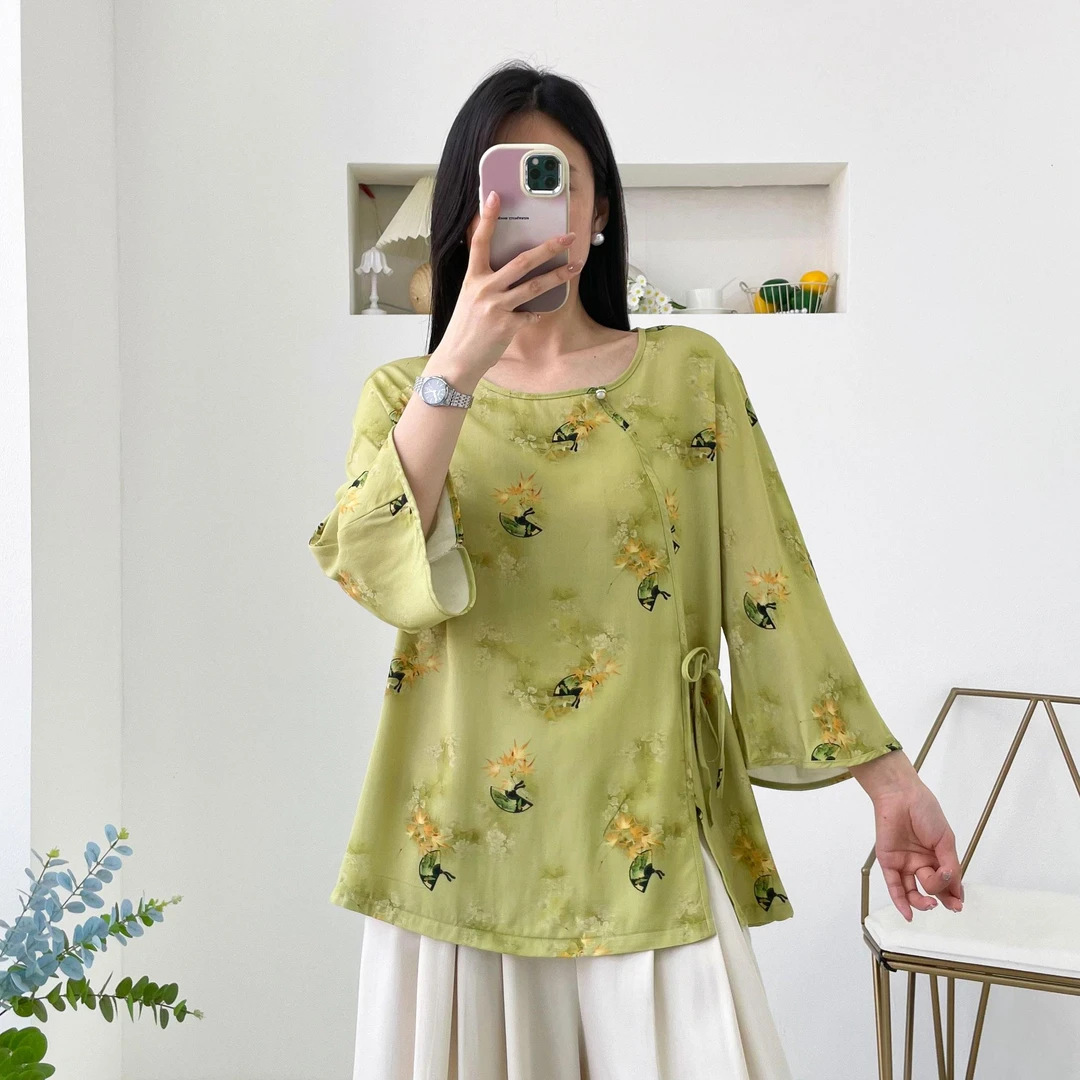 Womens Relaxed-fit Chinese-style Shirt With Flared Sleeves