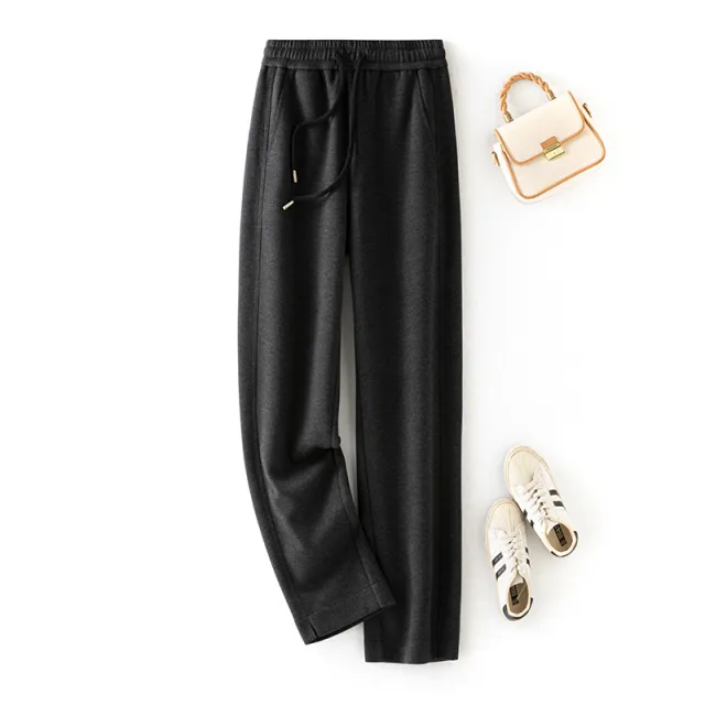 Autumn And Winter New Soft Glutinous Wool Straight Elastic Waist Long Sweatpants Dark Gray - Shop at LoveMi