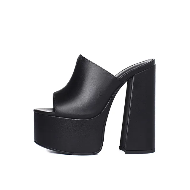 Waterproof Platform Leather Super High Heel Sandals Full Grain Soft First Layer Cowhide Black - Shop at LoveMi