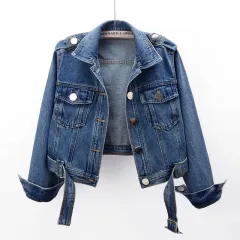 Short Sports Cotton Denim Coat - Blue - View 1