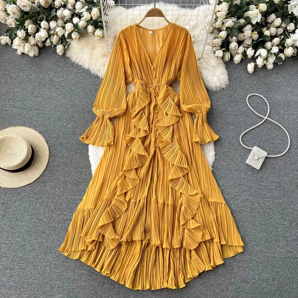 Fashion Solid Color And V-neck Ruffled Flared Sleeve Dress