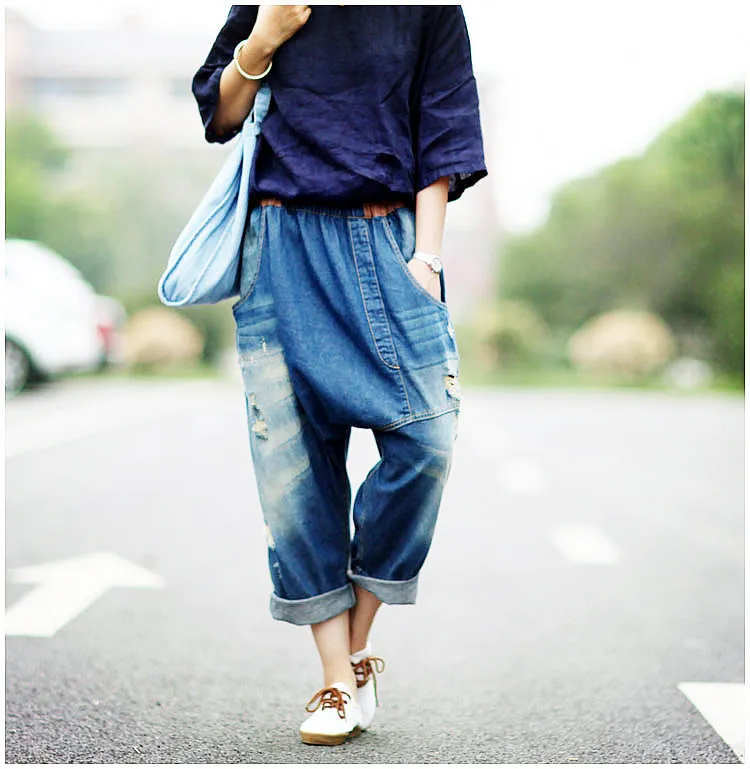 Baggy Pants Big Crotch Pants Loose Personality Hole Irregularly Slimming - Dark Blue