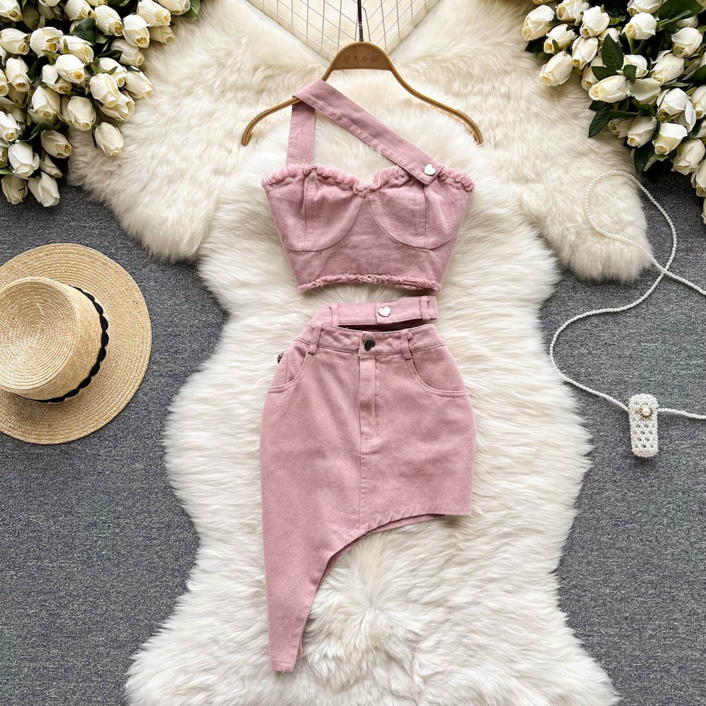 Pink Elegant Outfit Outer Wear Bandeau Sling Top Irregular Skirt Stylish Two piece Suit Pink - Shop at LoveMi