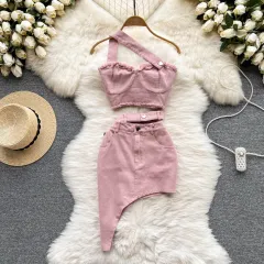 Pink Elegant Outfit Outer Wear Bandeau Sling Top Irregular Skirt Stylish Two-piece Suit - Pink - View 1