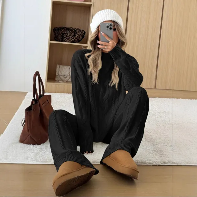 Womens Cable Knit Knitwear Set With Wide Leg Pants And A Relaxed Fit Black - Shop at LoveMi