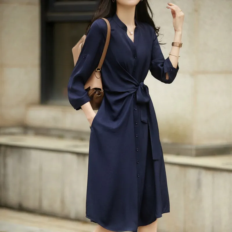 Lace-up Acetate Shirt Dress Waist-tight