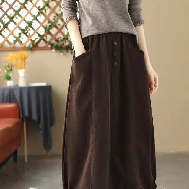 Women's Retro Artistic Fleece lined Thick Mid length Skirt Brown - Shop at LoveMi
