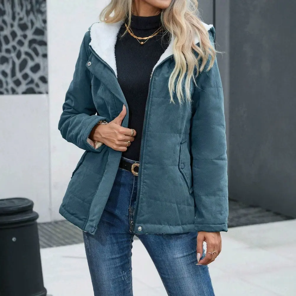 Womens Fleece-lined Hooded Loose-fit Cotton Coat Plus