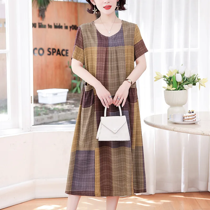 Middle-aged And Elderly Women's Cotton Silk Printing Maxi Dress - No 46-2Xl