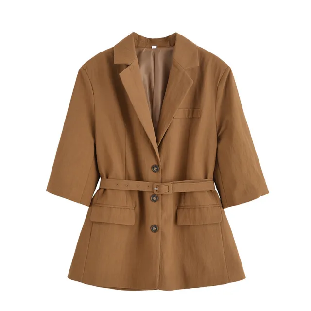 Half Sleeve Lace up Suit Jacket Linen Leisure Mid Waist Shorts Suit Top - Shop at LoveMi