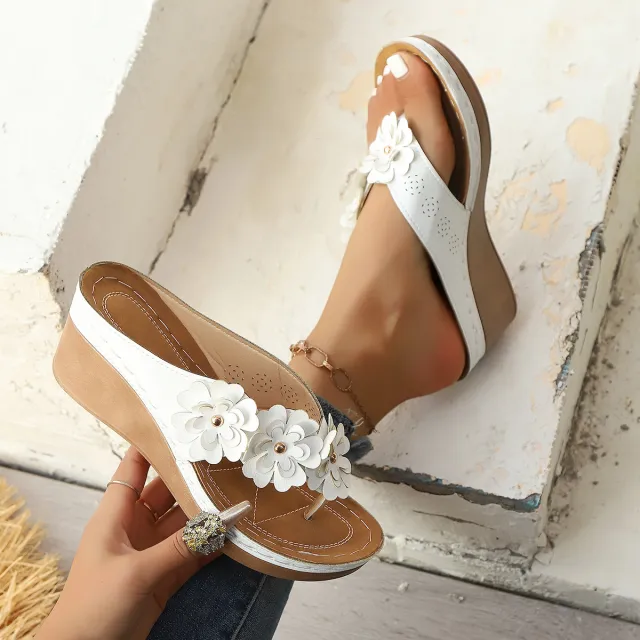 Flower Stitching Wedge Women's Sandals White - Shop at LoveMi