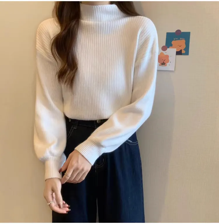 Autumn And Winter High-grade Mid-collar Cored Yarn Half Turtleneck Knitted Bottoming Shirt For Women - White