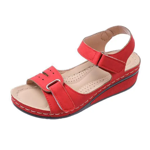 Wedge Platform Laser Roman Fish Mouth Strap Velcro Sandals Red - Shop at LoveMi