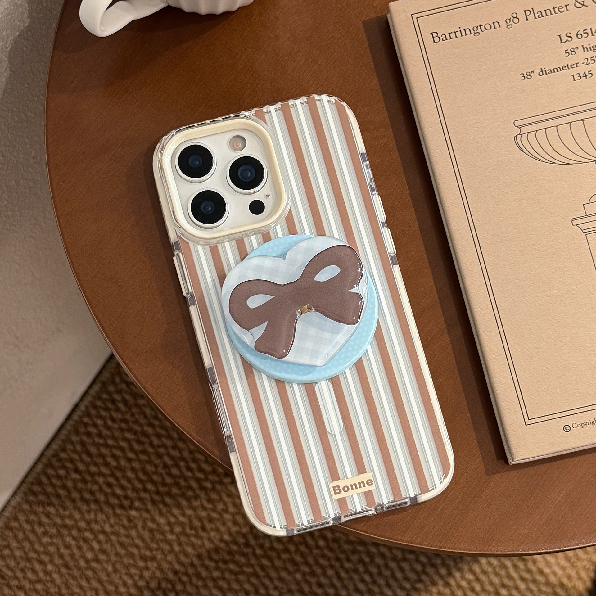 Striped Magnetic Transparent Phone Case With Rotating Bowknot Stand