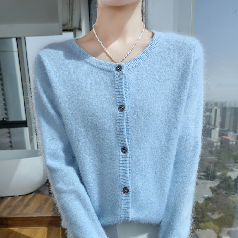 Womens Loose Button-up Solid-color Cropped Sweater With A Crew Neck