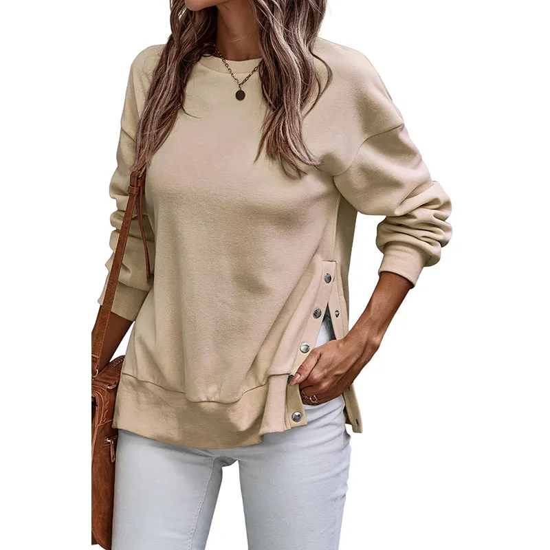 Solid Color Pullover Women's European And American Leisure Style Slit Loose Flab Hiding Long Sleeve Bathroom - Lc25316883P6016Color