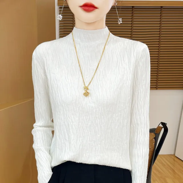 Knitted Jacquard Long sleeved Sweater For Women As Base Layer White - Shop at LoveMi