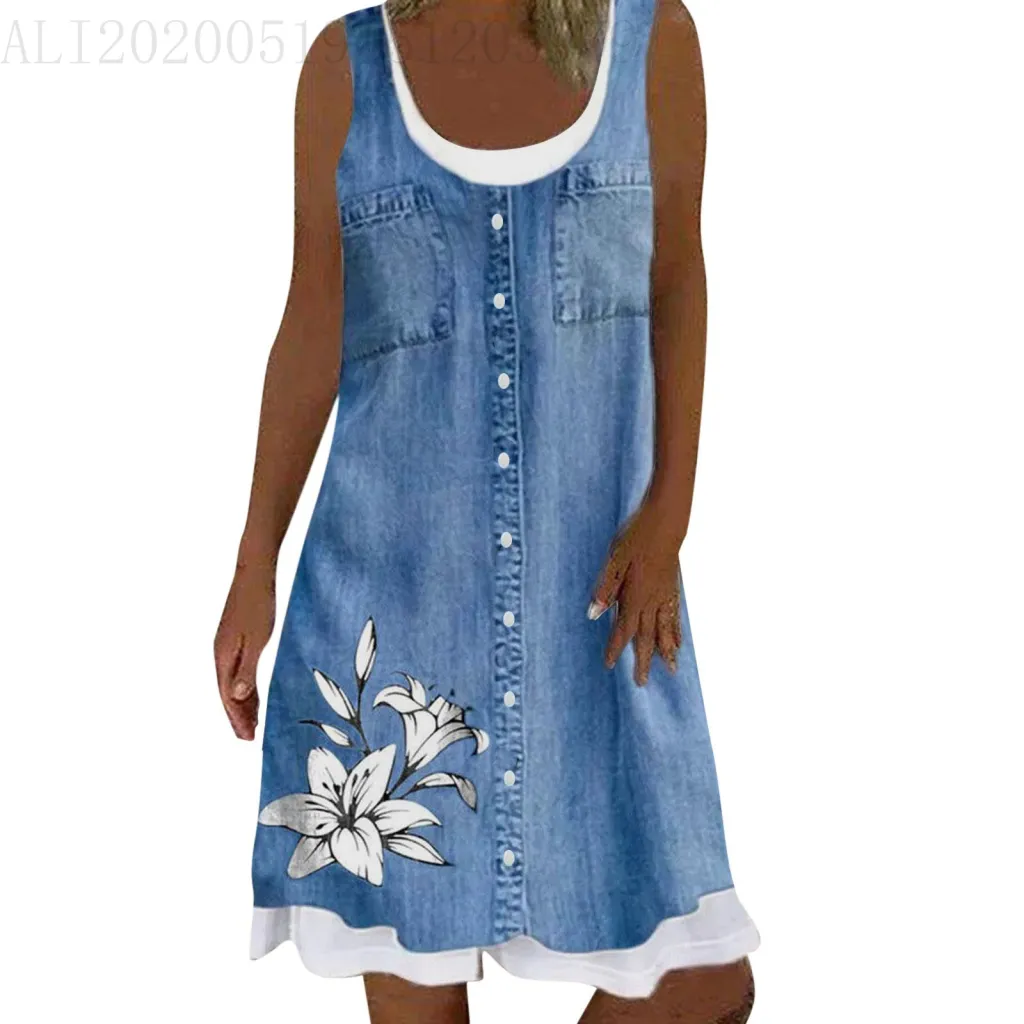 Fake Two Pieces Denim Printing Casual Dress - Jlbxqg006