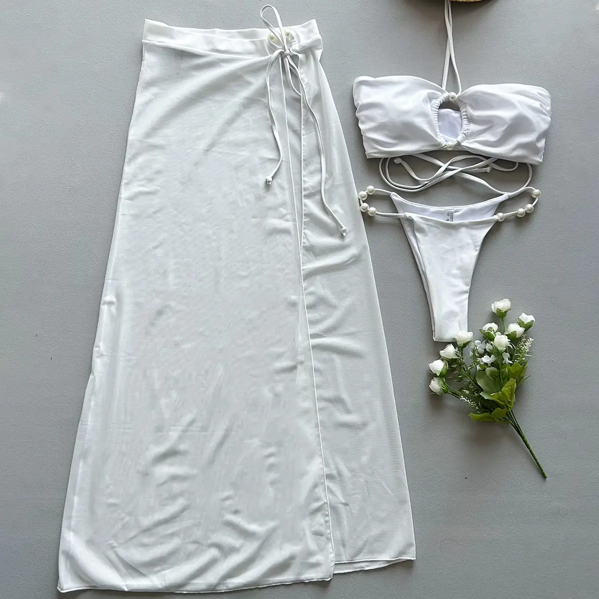 Women's Solid Color Hanging Neck Split Swimsuit