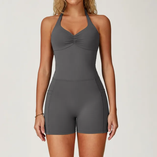 Hollow out Beauty Back Halter Yoga Clothes Sports Running Fitness One piece Volcanic Ash - Shop at LoveMi