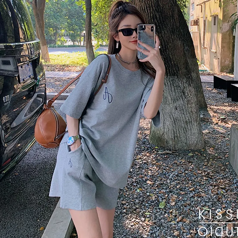 Loose Korean-style Student Cotton Casual Two-piece Set - Gray