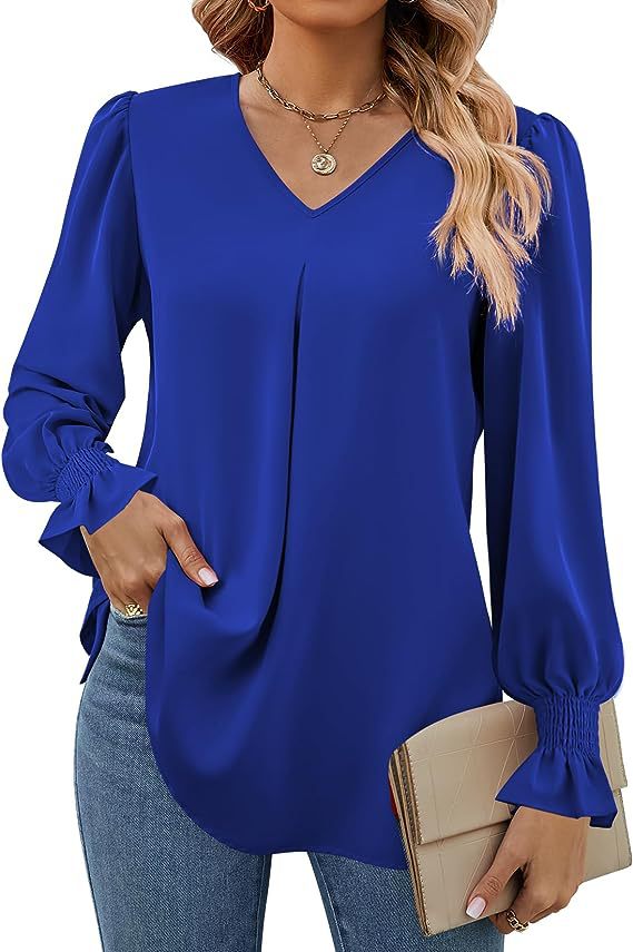 Women's Fashion Casual Solid Color Chiffon Shirt V-neck Long Sleeve Top - Image 2