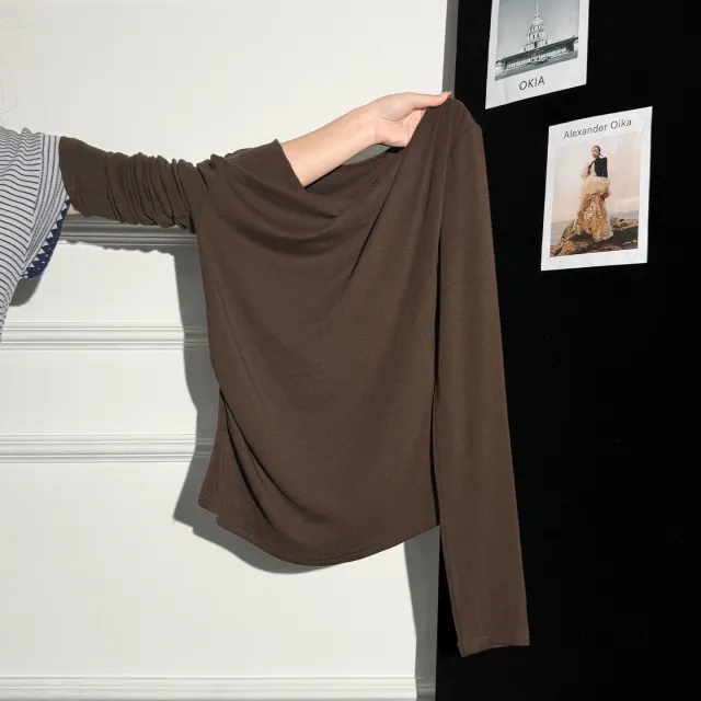 Solid Color Off shoulder Cashmere Long sleeve Top Brown - Shop at LoveMi