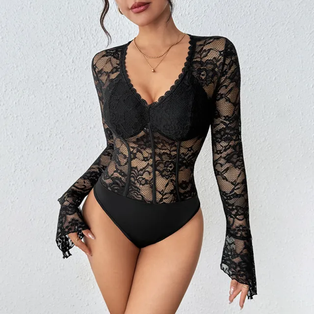 Lace trimmed V neck Bodycon Black Jumpsuit Black - Shop at LoveMi