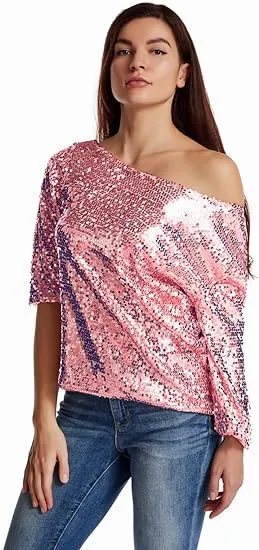 Loose Sequins Oblique Shoulder Short Sleeve Sequined Shirt Pink - Shop at LoveMi
