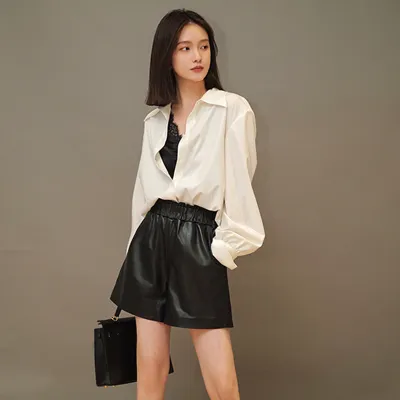 Fashion Loose Straight Leather Shorts Women