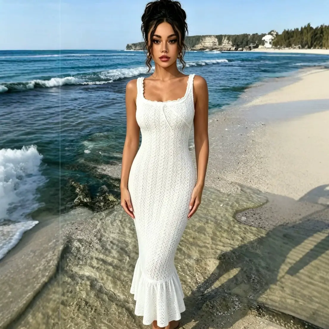 Autumn European And American-style Square-neck Lace Hollow-out
