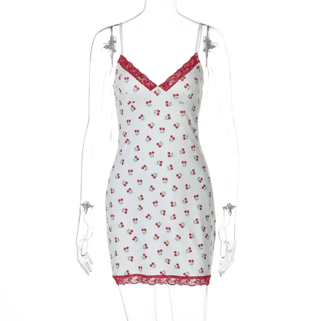 Womens Fashion Printed Patchwork Lace Trimmed Camisole Dress White - Shop at LoveMi