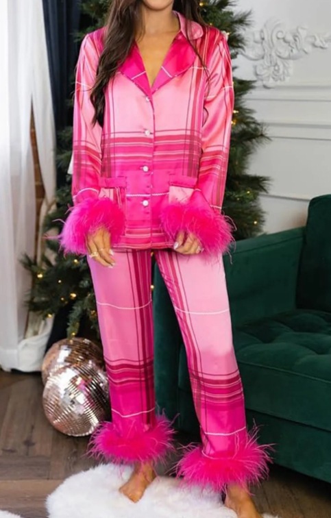 European And American Christmas Satin Printed Casual Long Sleeve Pants Pajamas Suit Rose Red Plaid - Shop at LoveMi