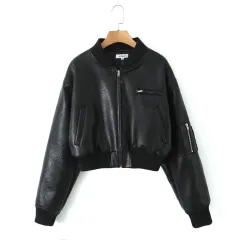 Stand Collar Zipper Short Baseball Uniform Jacket Top - Black - View 1