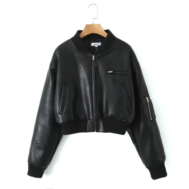 Stand Collar Zipper Short Baseball Uniform Jacket Top Black - Shop at LoveMi