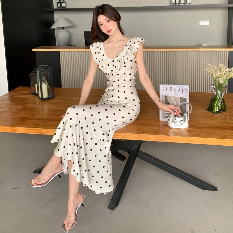 Temperament Waist controlled Summer Ruffles Backless Polka Dot Dress Women Polka Dot Skirt - Shop at LoveMi